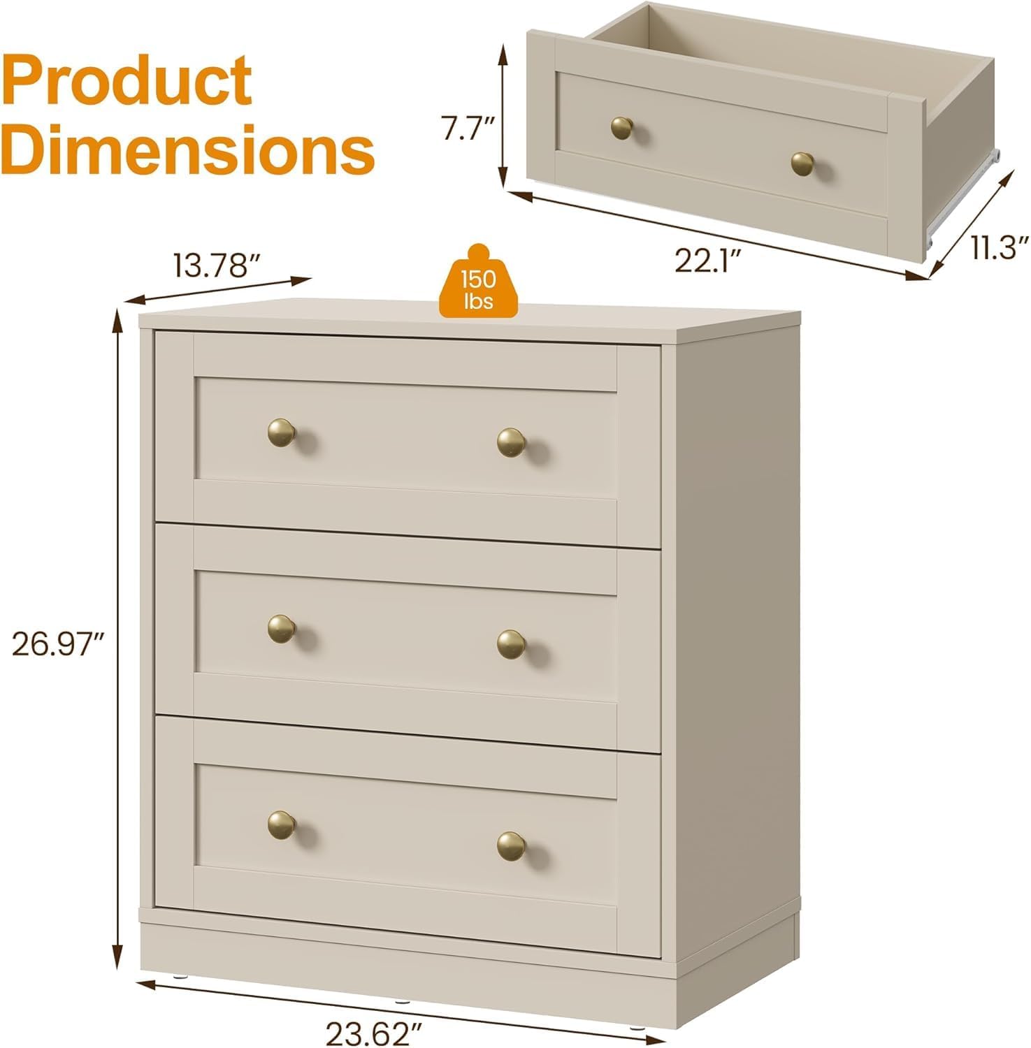 RoyalCraft Nightstand Set of 2, Night Stand with 3 Drawers Storage, Modern Bedside Table, End Table for Bedroom, Hallway, Closet, Beige