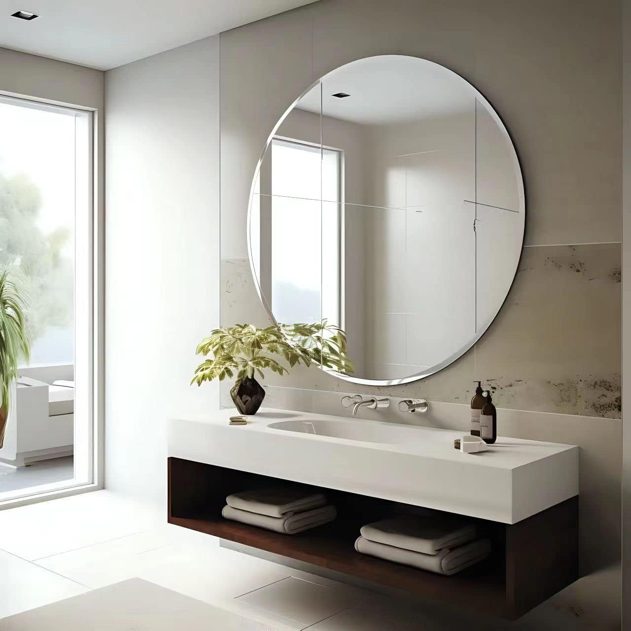 USHOWER 30'' Frameless Round Bathroom Mirror + 24'' Towel Bar Set