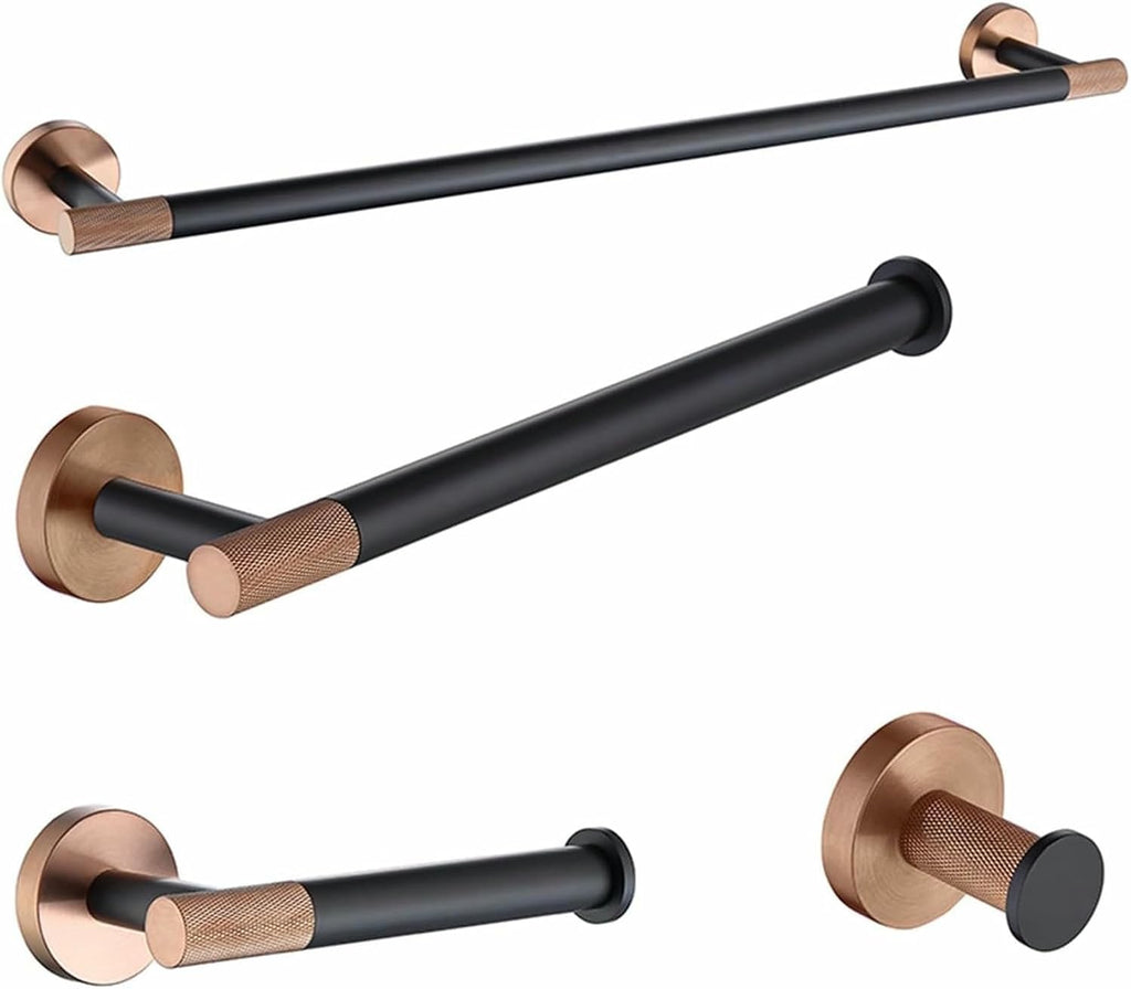 Stainless Steel 4-PCS Rose Gold Black Wall Mounted Single Bar Towel Rack Towel Bar Bath Towel Coat Hook Toilet Paper Holder
