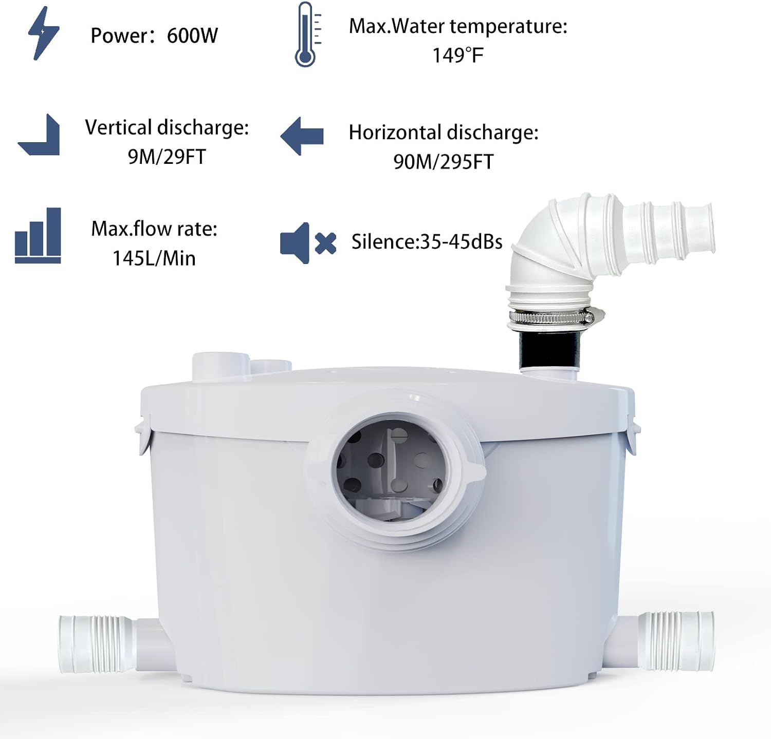 Simple Project Macerating Toilet With 600W Pump, Upflow Toilet System With 4 Water Inltes - Upflush Toilets For Basement With Macerator Pump - Two-piece Macerating Toilets System