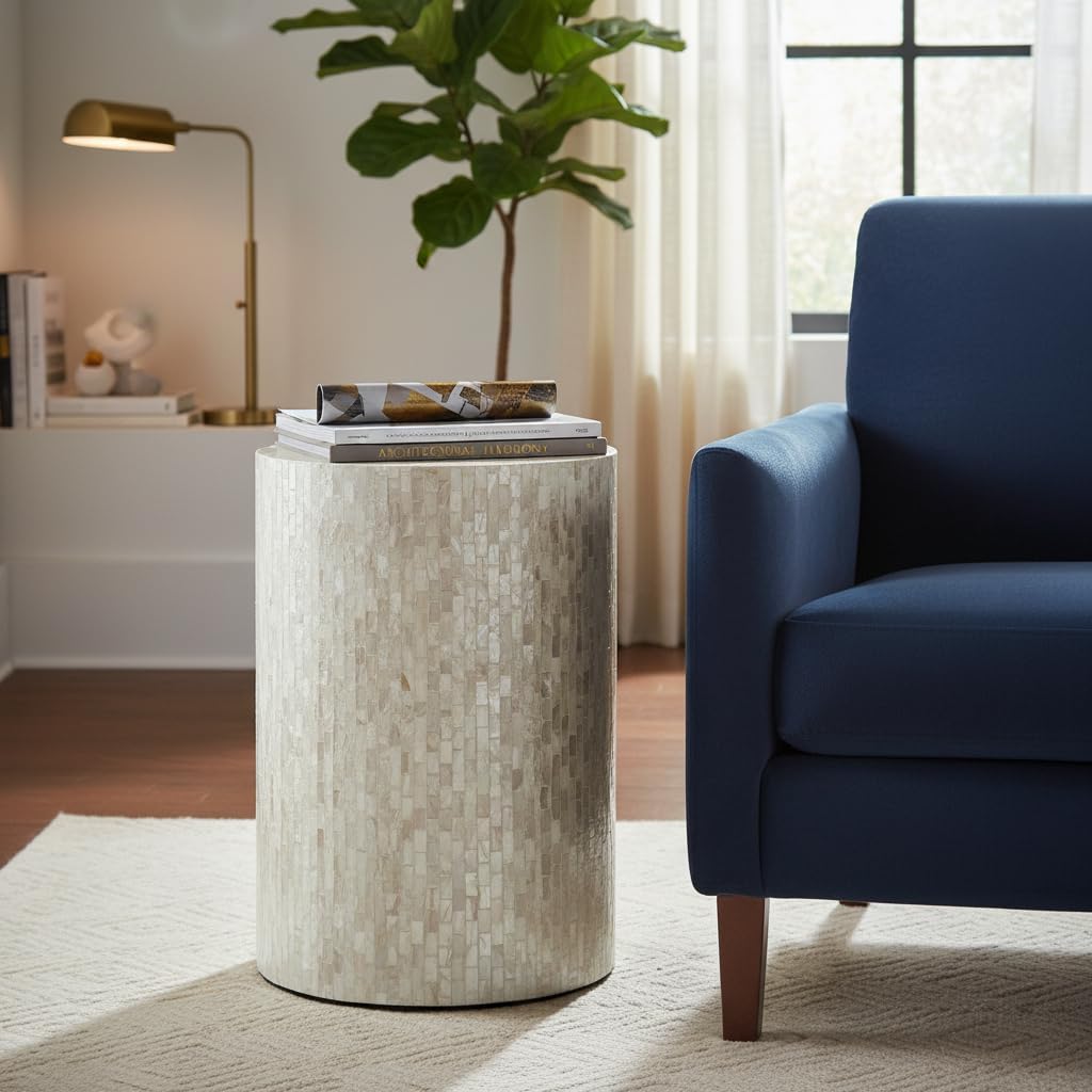 PEMAR Mother of Pearl Cylinder Drum End Table Nacre Side Stool Round Accent Table Coffee Bedside Nightstand and Vanity Stool 13' Diameter x 19.3' High Pearl White & Cream