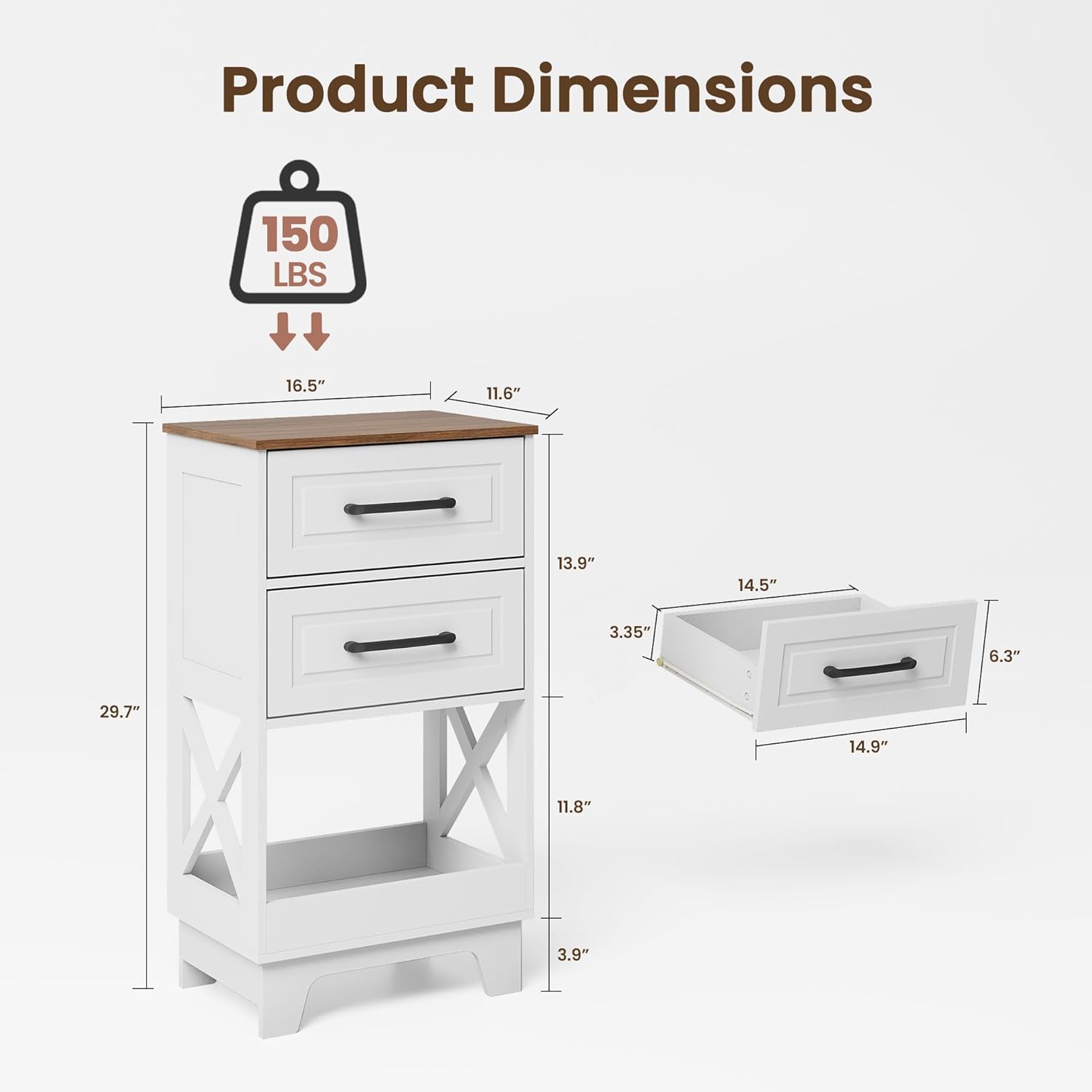 Tall Nightstand Set of 2 Side Table Modern Night Stand with 2 Drawers Wooden Rustic End Table Bedside Table with Upper Open Shelf Solid Feet for Bedroom White+Walnut