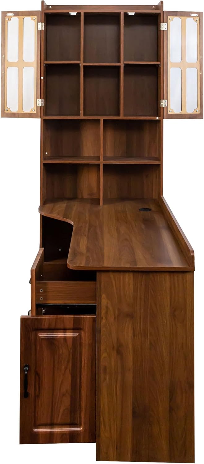 l Shaped Desk with Hutch & Drawers, Small Corner Desks for Small Space Home Office, Farmhouse Desk and Bookshelf Combo with Storage (Walnut)