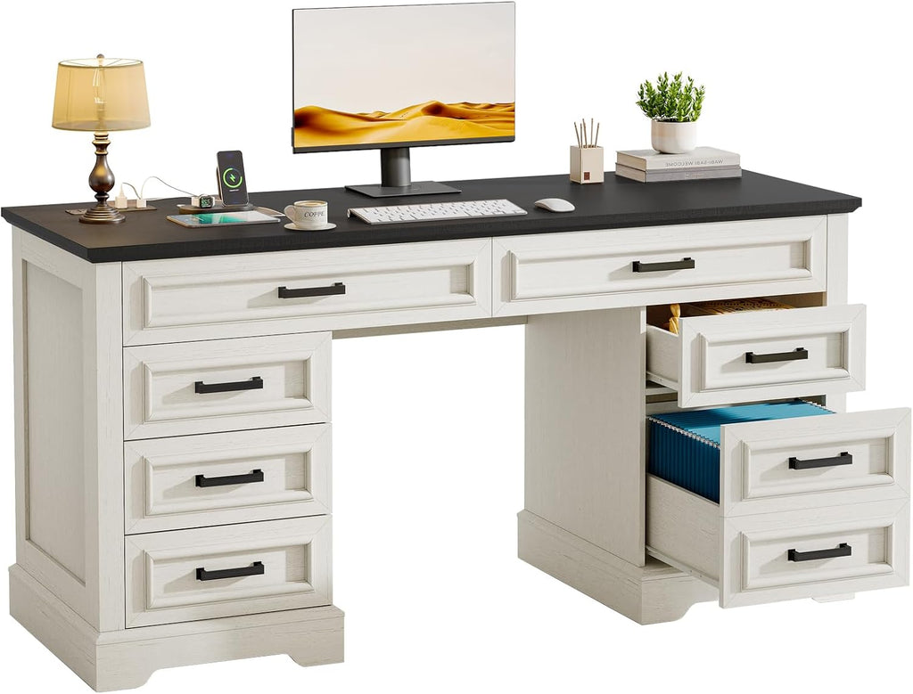 58' Executive Desk with 7 Drawers, Large Computer Desk with Charging Station , Wood Home Office Desk with File Drawer for Letter/A4 Size Hanging Files for Home Office,Rustic White and Rustic Black