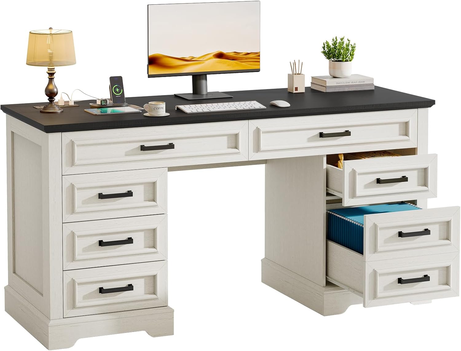 58' Executive Desk with 7 Drawers, Large Computer Desk with Charging Station , Wood Home Office Desk with File Drawer for Letter/A4 Size Hanging Files for Home Office,Rustic White and Rustic Black