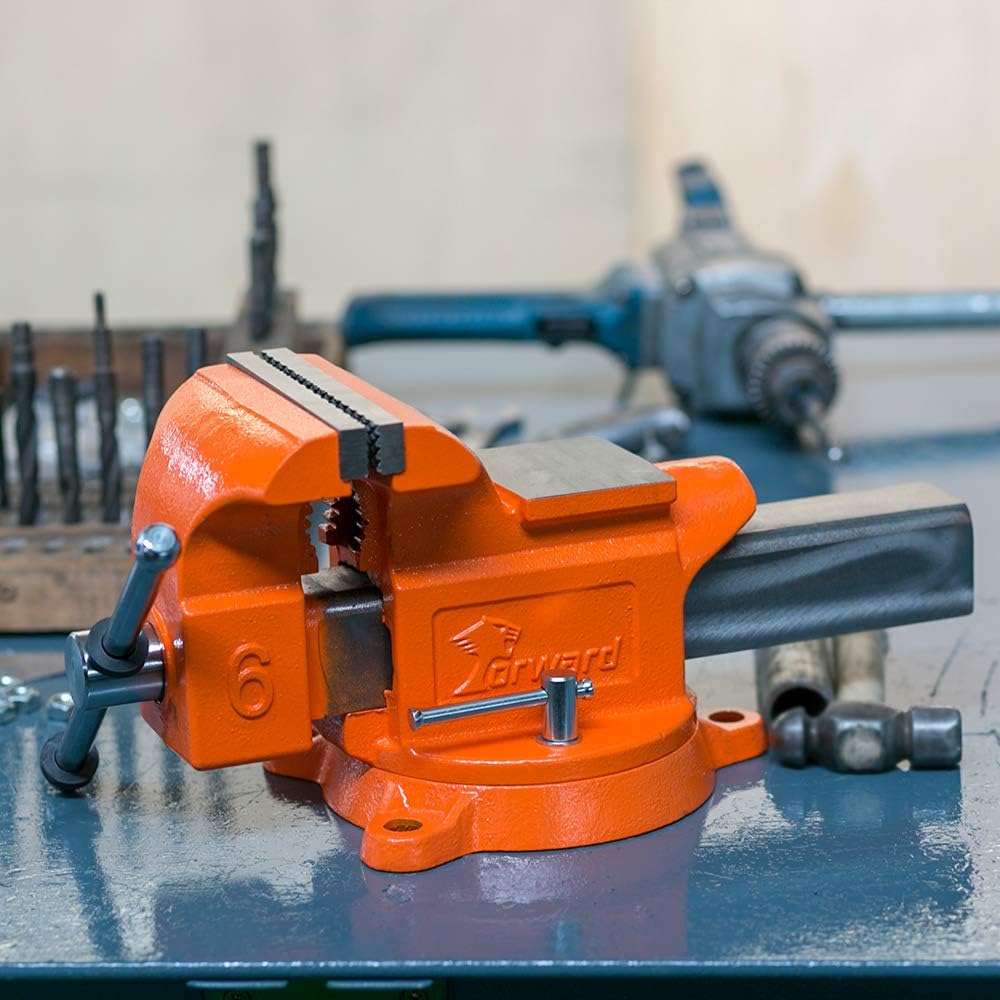 Forward Bench Vise 6 Inch Ductile Iron Bench Vice with 360 Degree Swivel Base and Channel Steel Guide Bar 30606 (6')