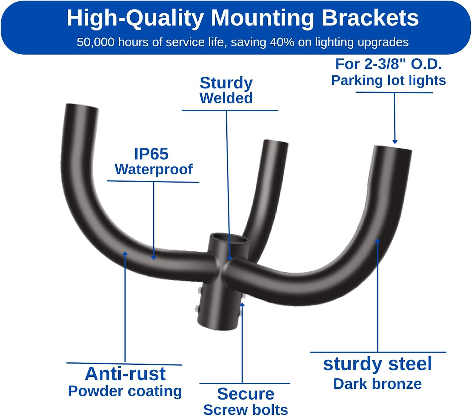 ledmo Round Triple 120° Bullhorn Tenon Adaptor Bracket for Three Fixtures, Heavy Duty 2-3/8' Parking Lot Light Mounting Bracket, Top Vertical Mounting Arm for Outdoor Street Pole Light