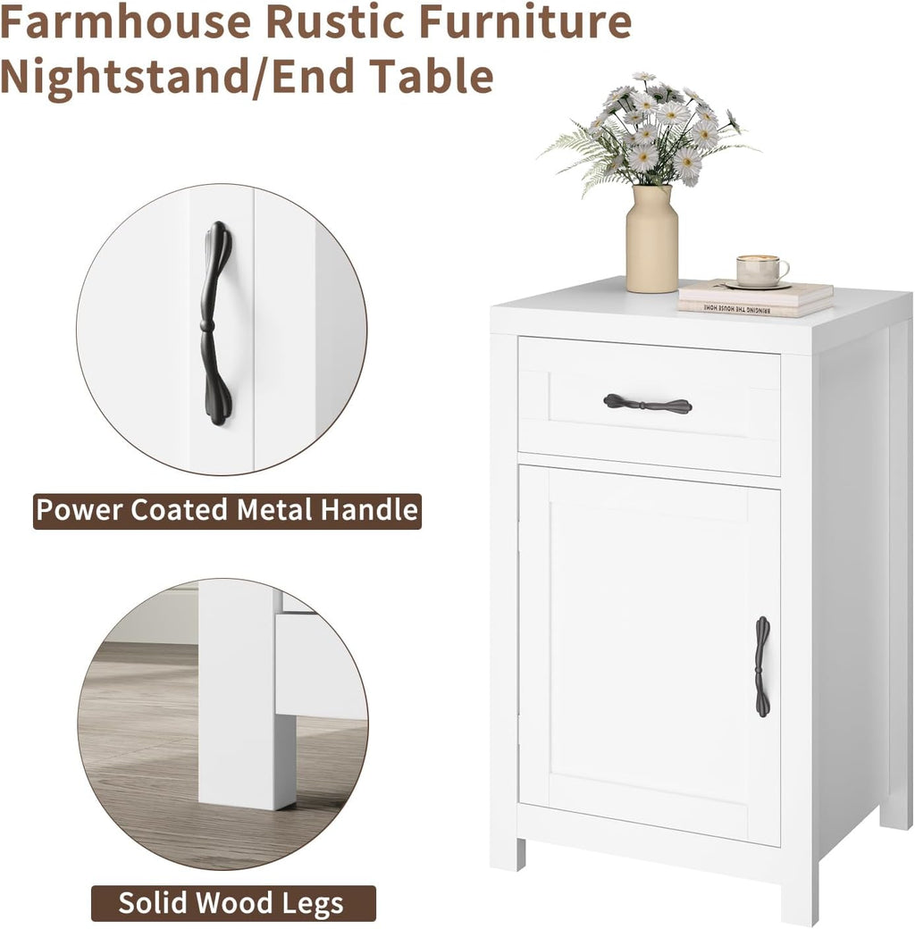 White Nightstand Set of 2 with Drawer, Farmhouse End Table with Storage Cabinet and Adjustable Shelf, 30' Tall Bedside Table Rustic Wood Sofa Side Table for Living Room, Bedroom