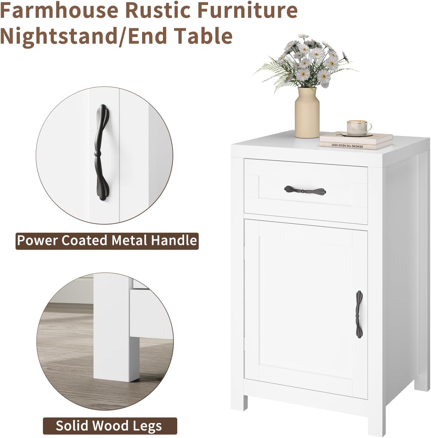 White Nightstand Set of 2 with Drawer, Farmhouse End Table with Storage Cabinet and Adjustable Shelf, 30' Tall Bedside Table Rustic Wood Sofa Side Table for Living Room, Bedroom