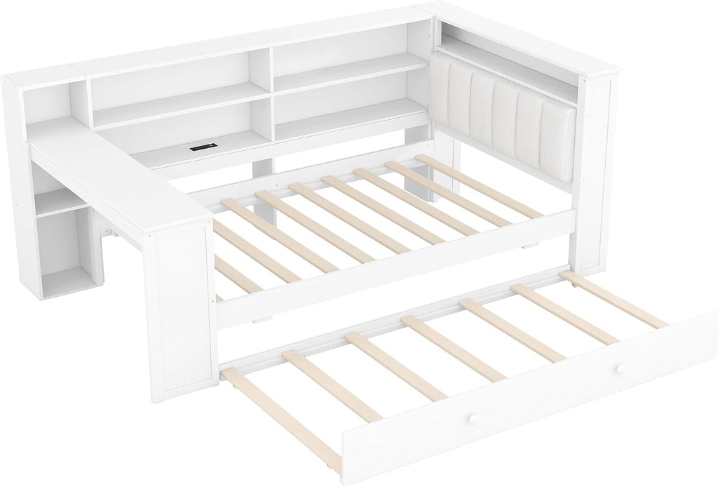 LUMISOL Twin Size Daybed Bed with Trundle, Storage Shelves, Desk & Charging Station, L-Shaped Corner Bed Frame with Upholstered Headboard for Living Room, Guest Room, White
