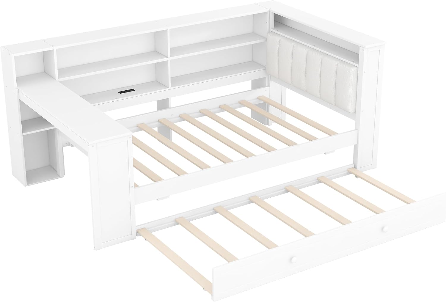 LUMISOL Twin Size Daybed Bed with Trundle, Storage Shelves, Desk & Charging Station, L-Shaped Corner Bed Frame with Upholstered Headboard for Living Room, Guest Room, White