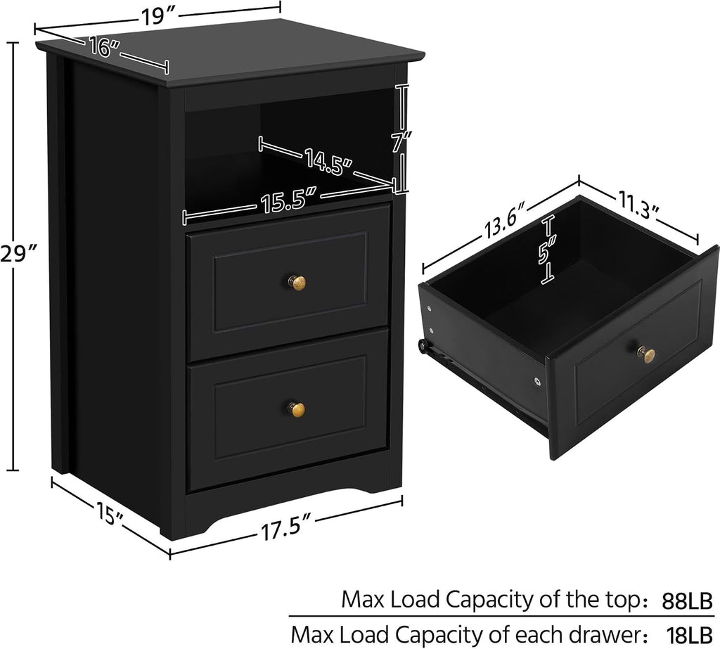 Yaheetech Nightstand Set of 2, Wooden Bedside Tables with 2 Drawer and Cubby, 2Pcs Tall Nightstand for Bedroom Small Space, Bedside Cabinet Telephone Table, 19″ L × 16″ W × 29″ H, Black