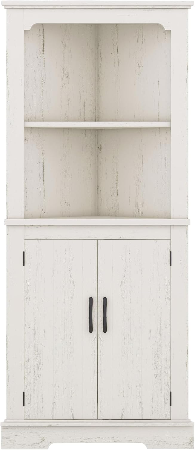 DOFFO Tall Bathroom Corner Cabinet, 69.3'H Freestanding Corner Storage Cabinet with 2 Doors and Open Shelves, Bathroom Floor Storage Display Organizer for Living Room, Dining Room and Kitchen (Beige)