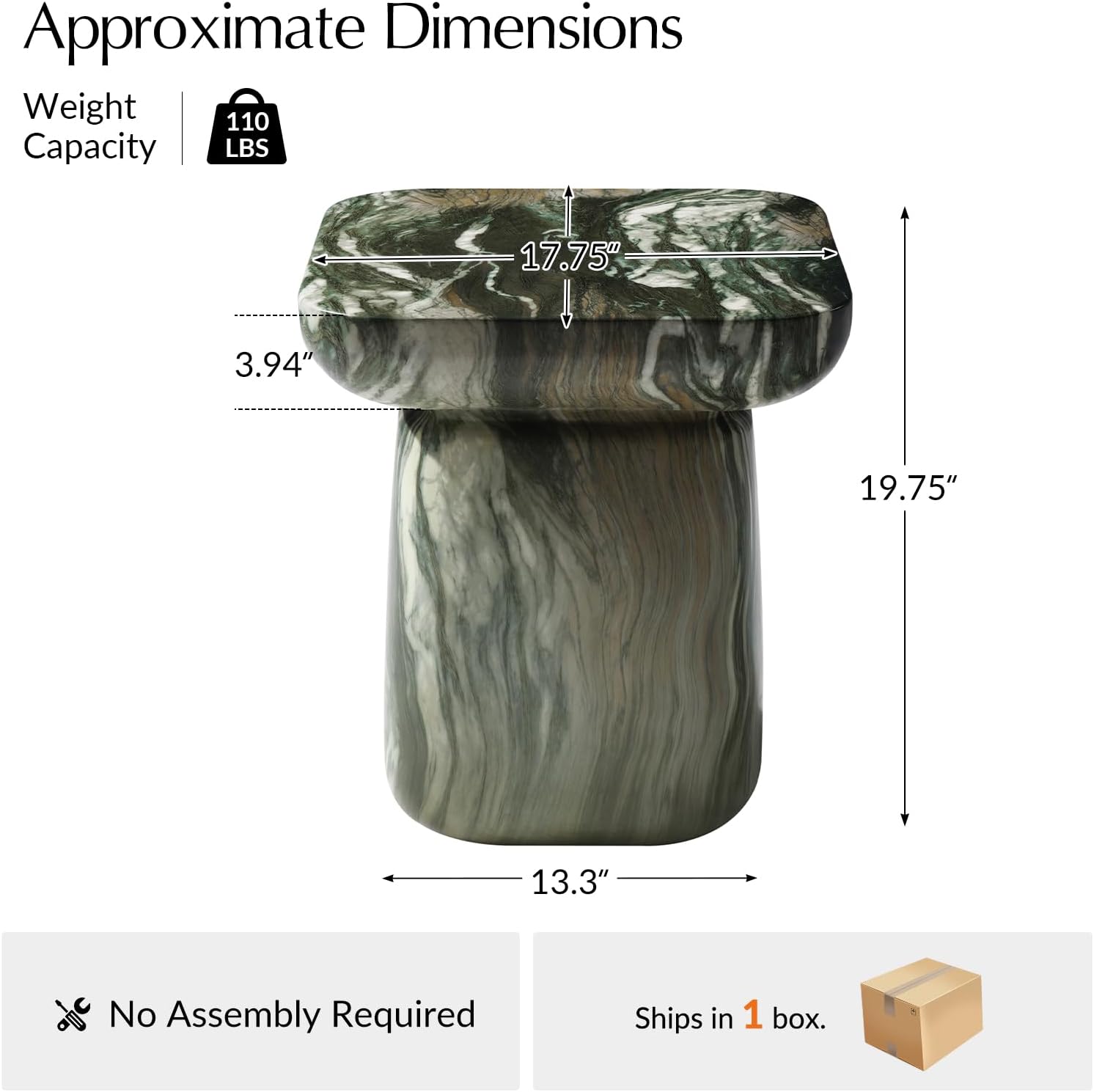 HULALA HOME Modern Concrete Side Table, Marble Stone End Table, Elegant Minimalist Pedestal Accent Table, Small Round Nightstand for Bedside & Sofa Side, Fully Assembled, Green