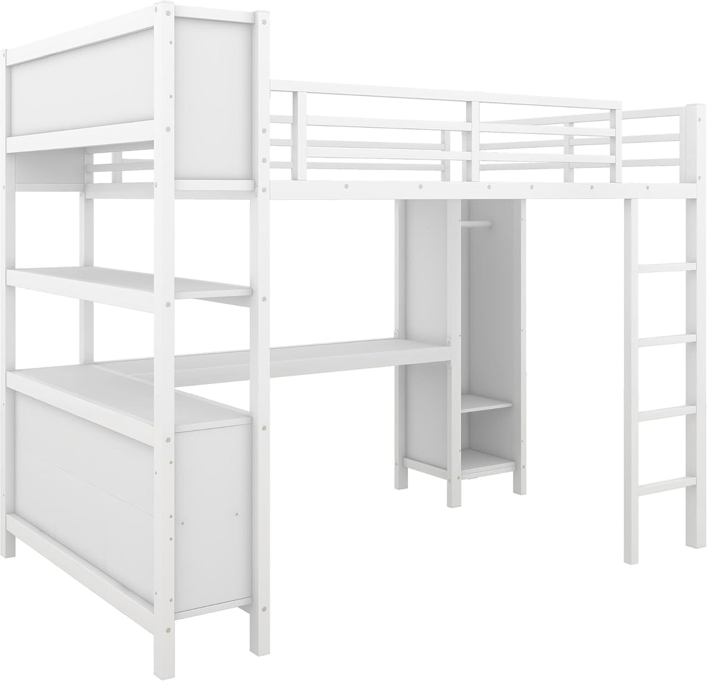 Bellamave Metal Loft Bed with Wardrobe and L-Shaped Desk, Full Size Loft Bed with Storage Cubes and Shelves, Heavy Duty LoftBed for Kids Teens Adults, White