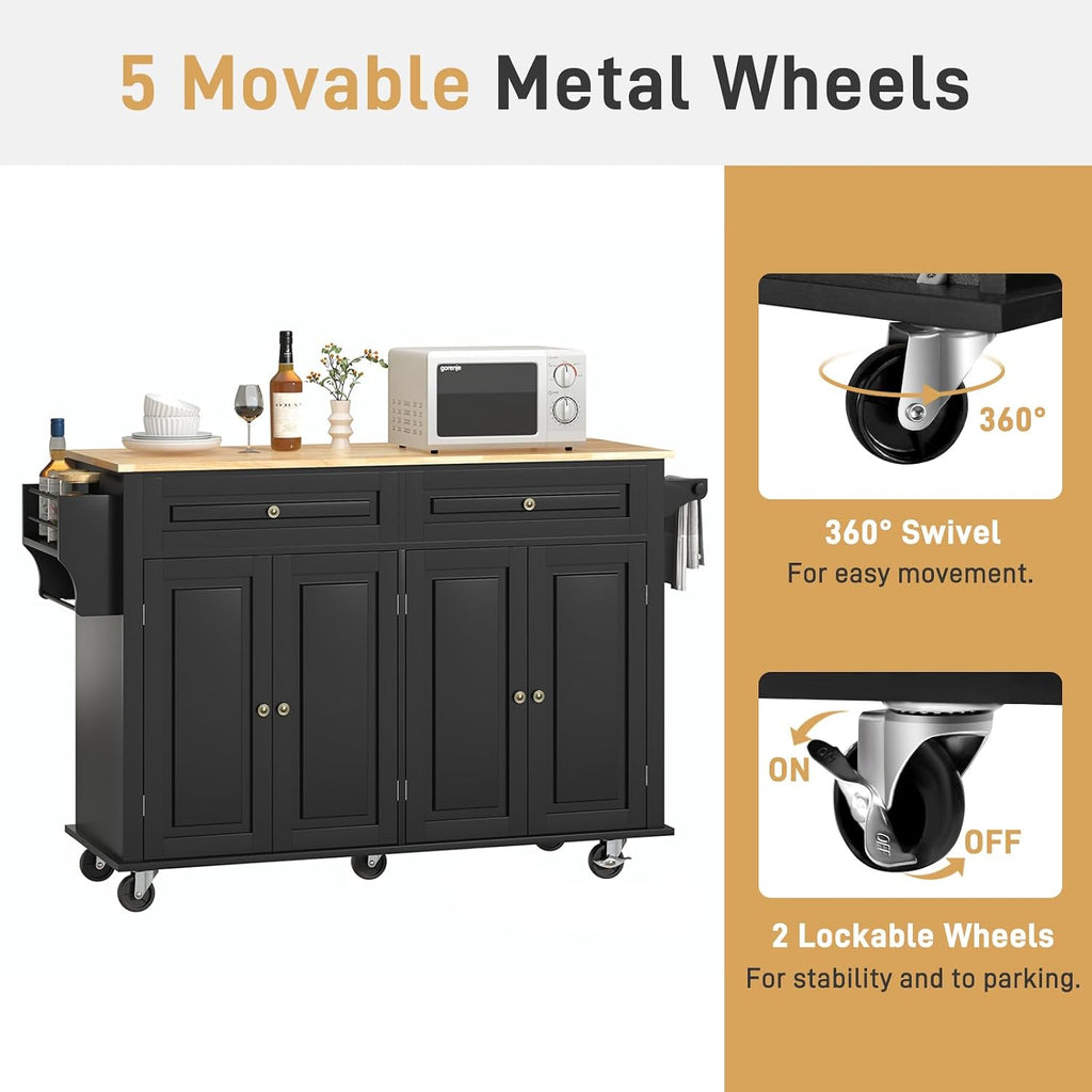 Hlivelood 55' Movable Kitchen Island with Drop Leaf and Power Outlet, Rolling Cart with Storage Cabinet, Island Table on Wheels for Kitchen with 2 Drawers, Spice Rack, Towel Bar, Garage Hook, Black