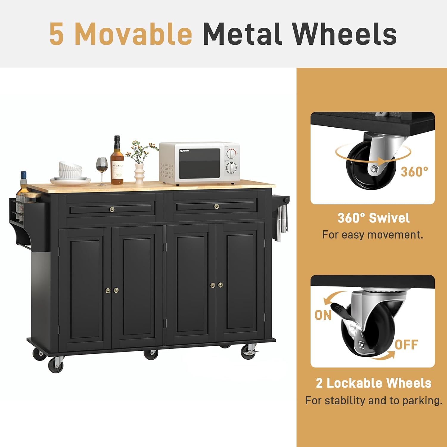 Hlivelood 55' Movable Kitchen Island with Drop Leaf and Power Outlet, Rolling Cart with Storage Cabinet, Island Table on Wheels for Kitchen with 2 Drawers, Spice Rack, Towel Bar, Garage Hook, Black