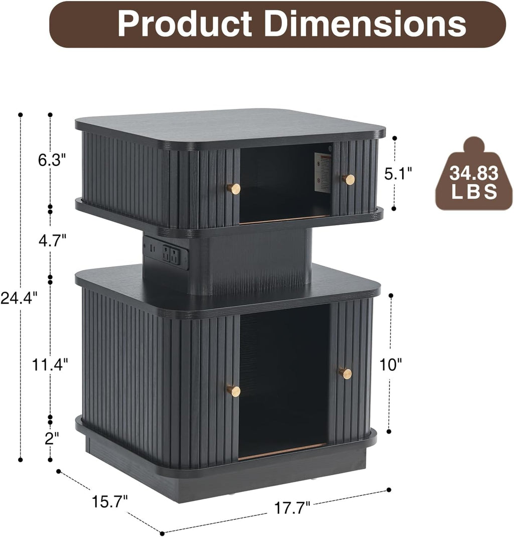 Set of 2 LED Light End Table with Charging Station, Black Mid Century Bedside Table with USB Type A C Ports, Small Fluted Accent TV Control Nightstand with Sliding Door for Living Room, Curvy Edge