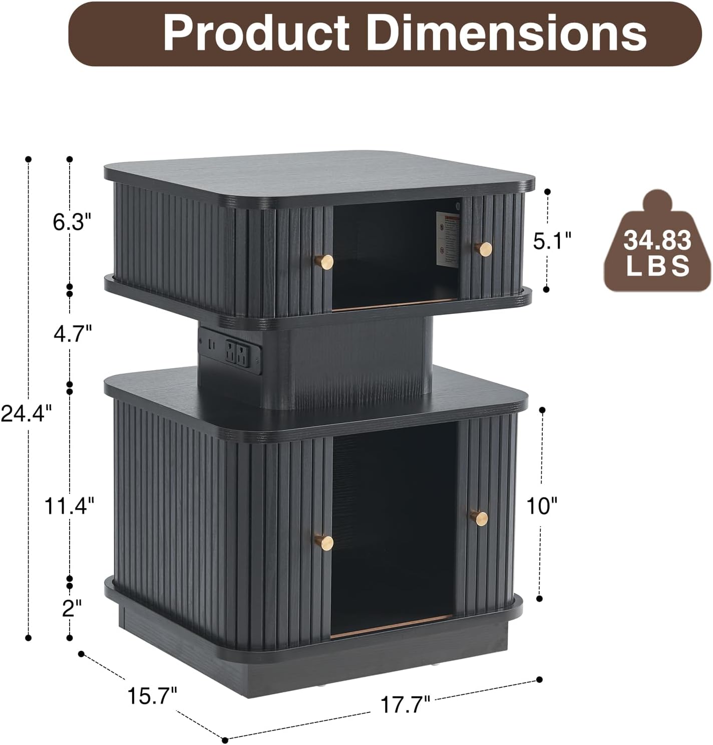 Set of 2 LED Light End Table with Charging Station, Black Mid Century Bedside Table with USB Type A C Ports, Small Fluted Accent TV Control Nightstand with Sliding Door for Living Room, Curvy Edge