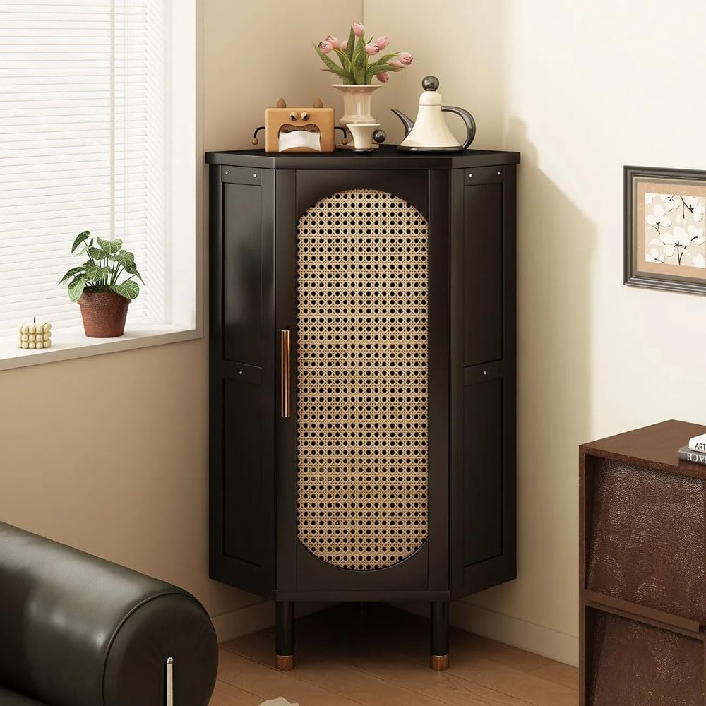 Retro Corner Cabinet, Small Corner Shelf for Living Room, Multifunctional Side Table, Storage Cabinet with Doors for Kitchen, Bathroom(Black)