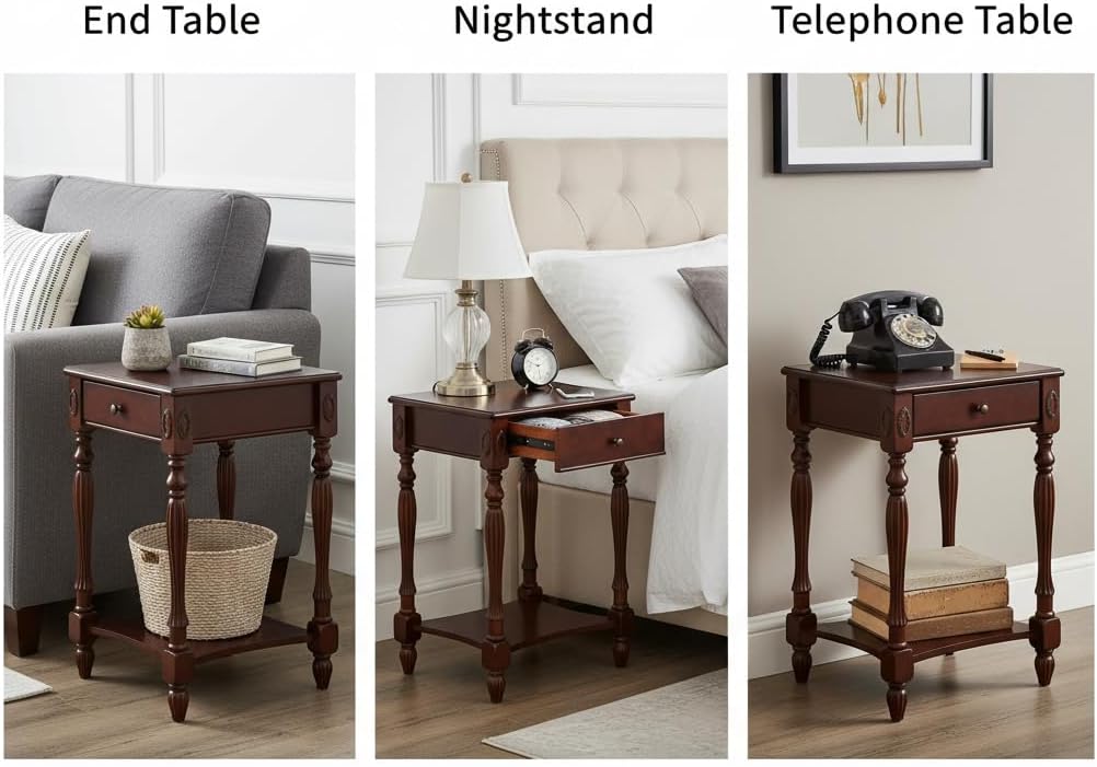 Solid Wood Side Table with Drawer and Storage Shelf, Traditional End Table, Narrow Telephone Nightstand, Carvings Elegant Vintage, for Living Room, Bedroom, Office Cherry Walnut GBJ1533WD
