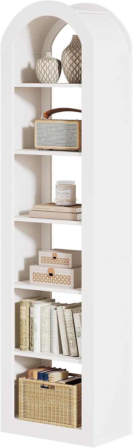 Tribesigns 74.8' Tall Arched Bookshelf, 6-Tier Narrow Open Bookcase, Floor Standing Corner Display Shelves Storage Organizer for Small Space, Home Office, Living Room (Warm White, 1 PC)