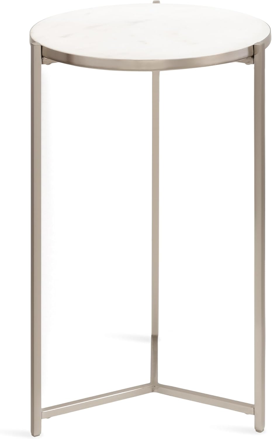 Kate and Laurel Aguilar Modern Round Side Table, 15 x 15 x 24, White and Silver, Genuine Marble Nightstand for Small Spaces and Living Room Decor