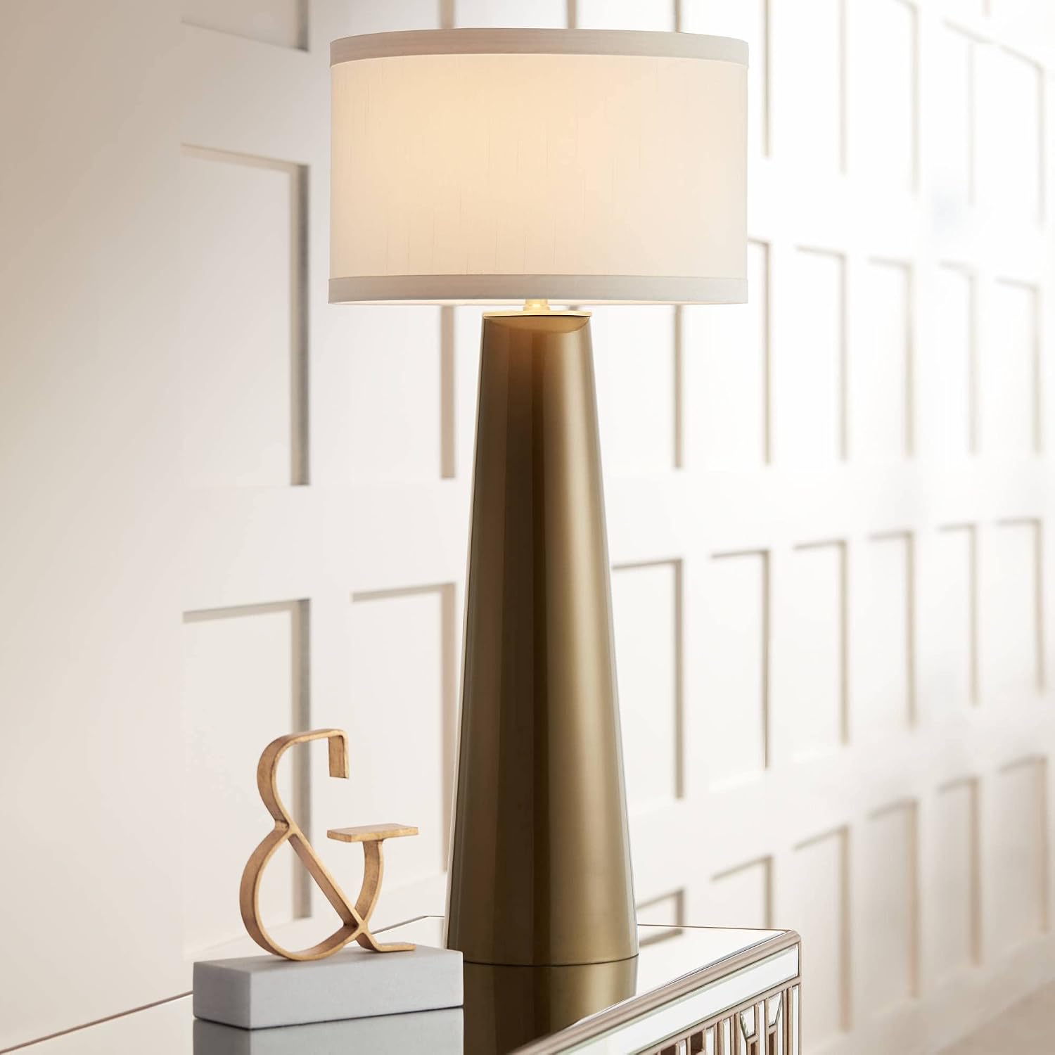 Possini Euro Design Karen 36' Tall Large Mid Century Modern End Table Lamps Set of 2 Dark Gold Glass Living Room Bedroom Bedside Nightstand House Office Home Reading Kitchen Fabric Off-White Shade