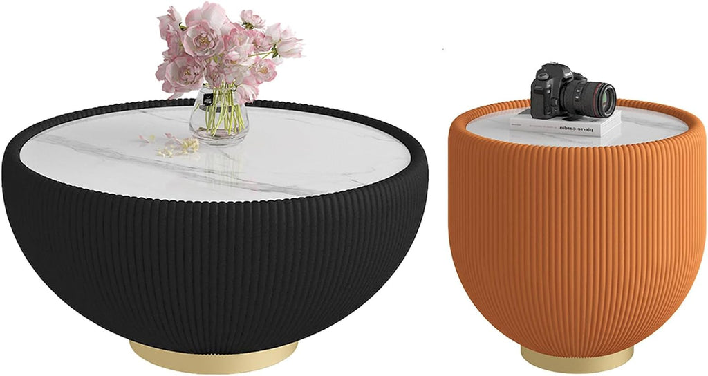 Modern Round Coffee Table Set of 2 Luxury Sintered Stone Top Coffee End Table in Black/Orange Leatherette Creative Bowl-Shape Small Coffee Side End Tables for Living Room Bedroom