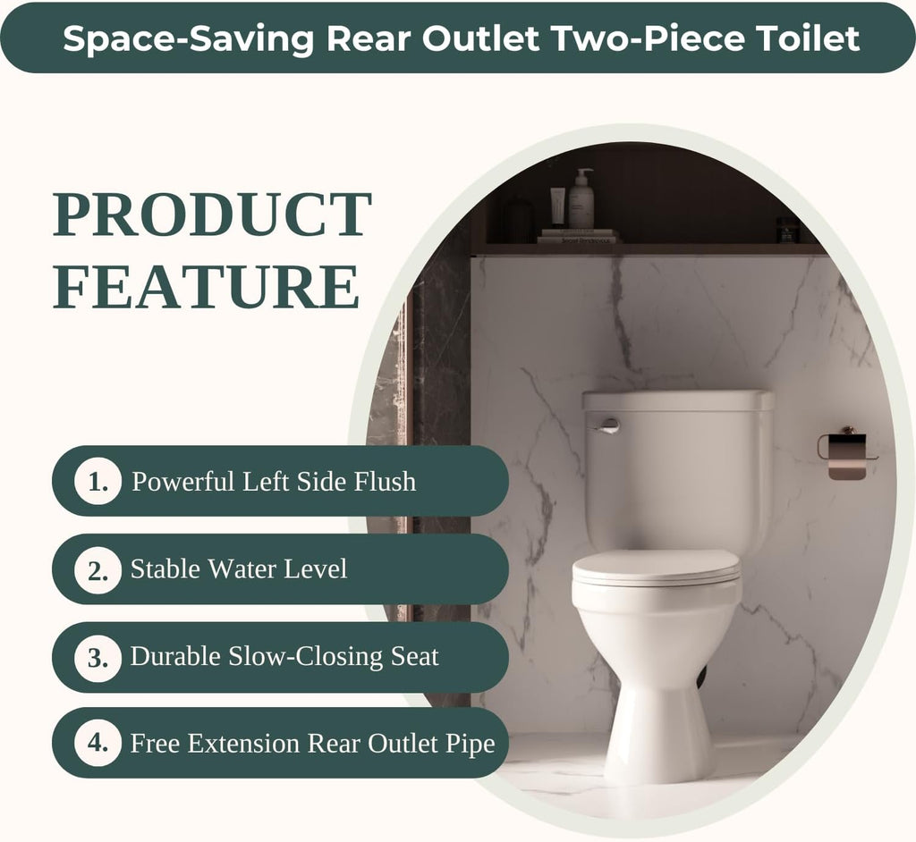 Compact 16.5' Two-Piece Rear Outlet Toilet, Extra Two Types Extension Pipes For Easy Installation, P-Trap & 7' Rough-in Back Discharge, Soft-Close Seat, Powerful Eco-Friendly Flush White