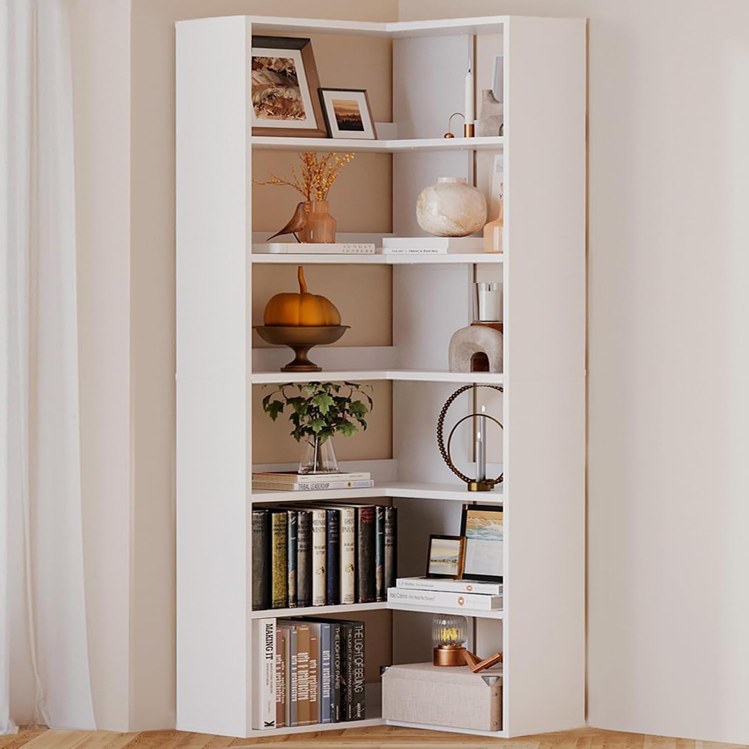 oneinmil Bookcase 6 Tiers with Baffles, Large Corner Bookshelf, 23.62' Storage Display Rack for Living Room Home Office, White