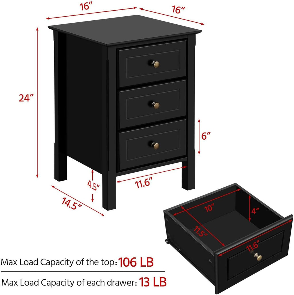 Yaheetech Nightstand Set of 2,Wooden 3-Drawer Bedside Table with Solid Wood Legs, Bedside Cabinet Cupboard Storage Organizer for Bedroom Home Office Small Space, Easy Assembly, Black