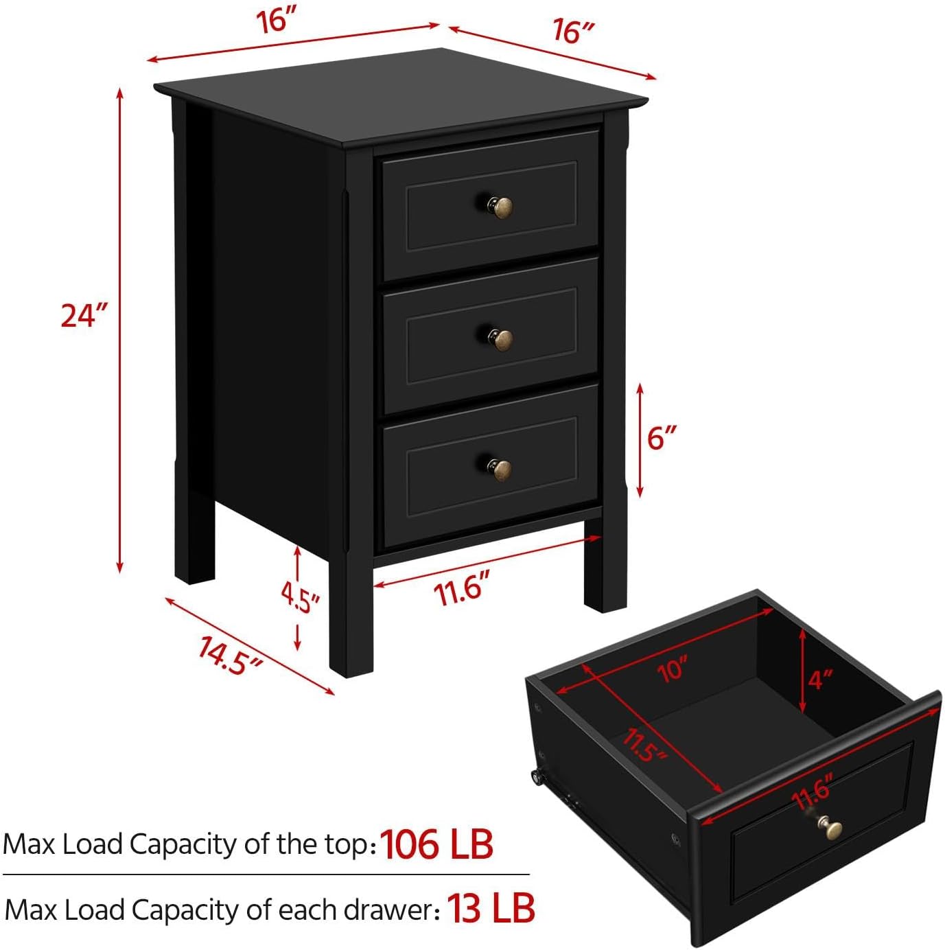 Yaheetech Nightstand Set of 2,Wooden 3-Drawer Bedside Table with Solid Wood Legs, Bedside Cabinet Cupboard Storage Organizer for Bedroom Home Office Small Space, Easy Assembly, Black