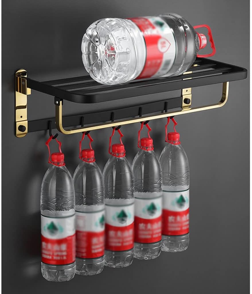 Bathroom Wall Mounted Towel Rack Stainless Steel Towel Rack Bathroom Wall-Mounted Folding Storage Rack with Hook Towel Holder Shelf Shower Room Accessorie Towel Bar, A-black Gold