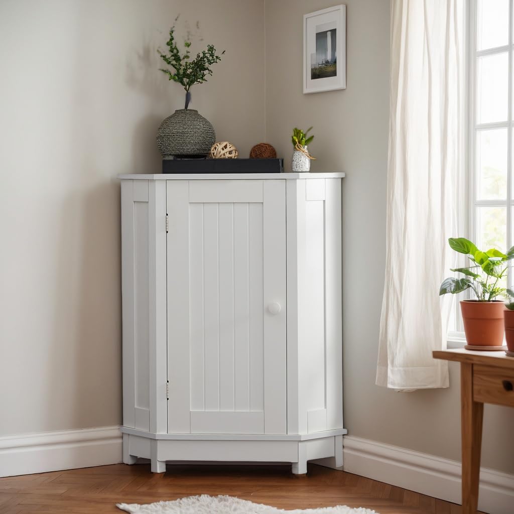 Floor Corner Cabinet with Doors and Adjustable Shelves, Freestanding Bathroom Corner Storage Cabinet for Bathroom, Living Room (1 Door, White)