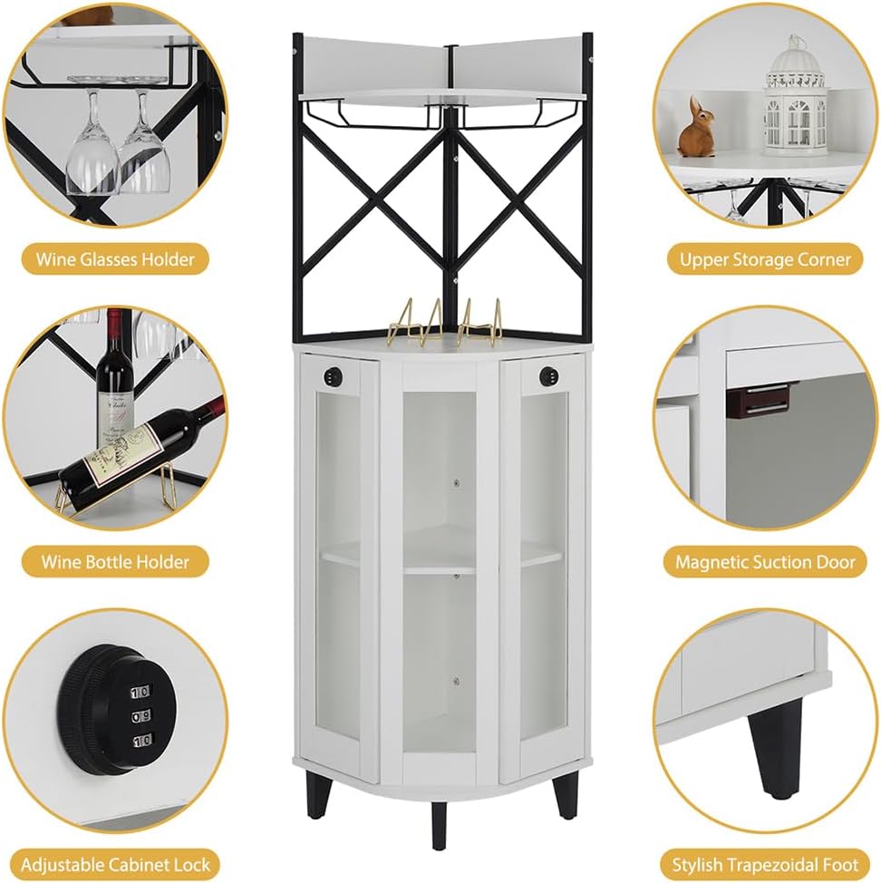 COCO DESIGN Corner Wine Cabinet with Lockable Glass Door & LED Light, 4-Tier Liquor Bar Unit, Modern Farmhouse Home Bar for Kitchen/Dining Room/Living Room, 2 Glass Display Trays & 2 Wine Racks, White