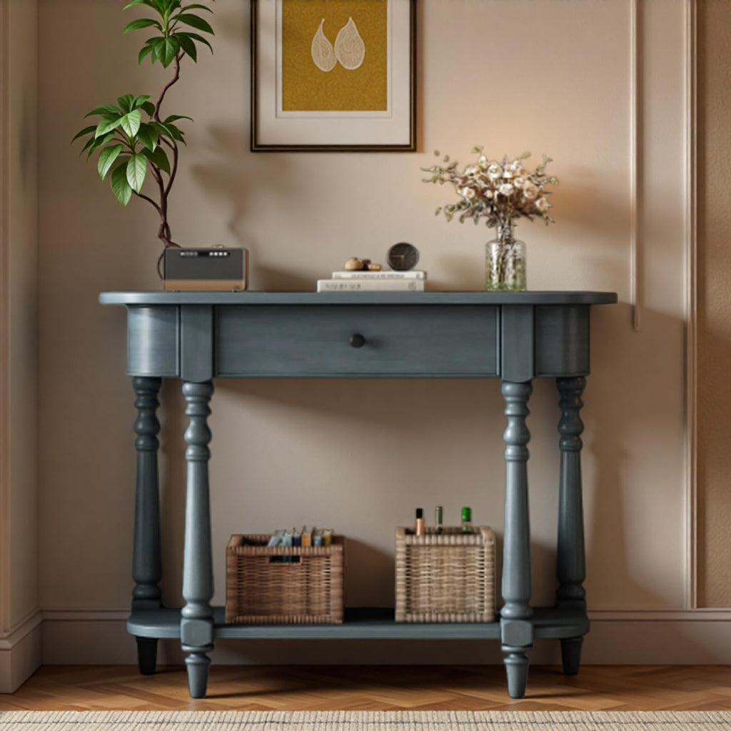 SOFTSEA Farmhouse Curved Console Table with Storage Drawer and Open Shelf, Rustic Curved Entryway Table for Living Room Hallway, 36 inch Conosle Table, Navy