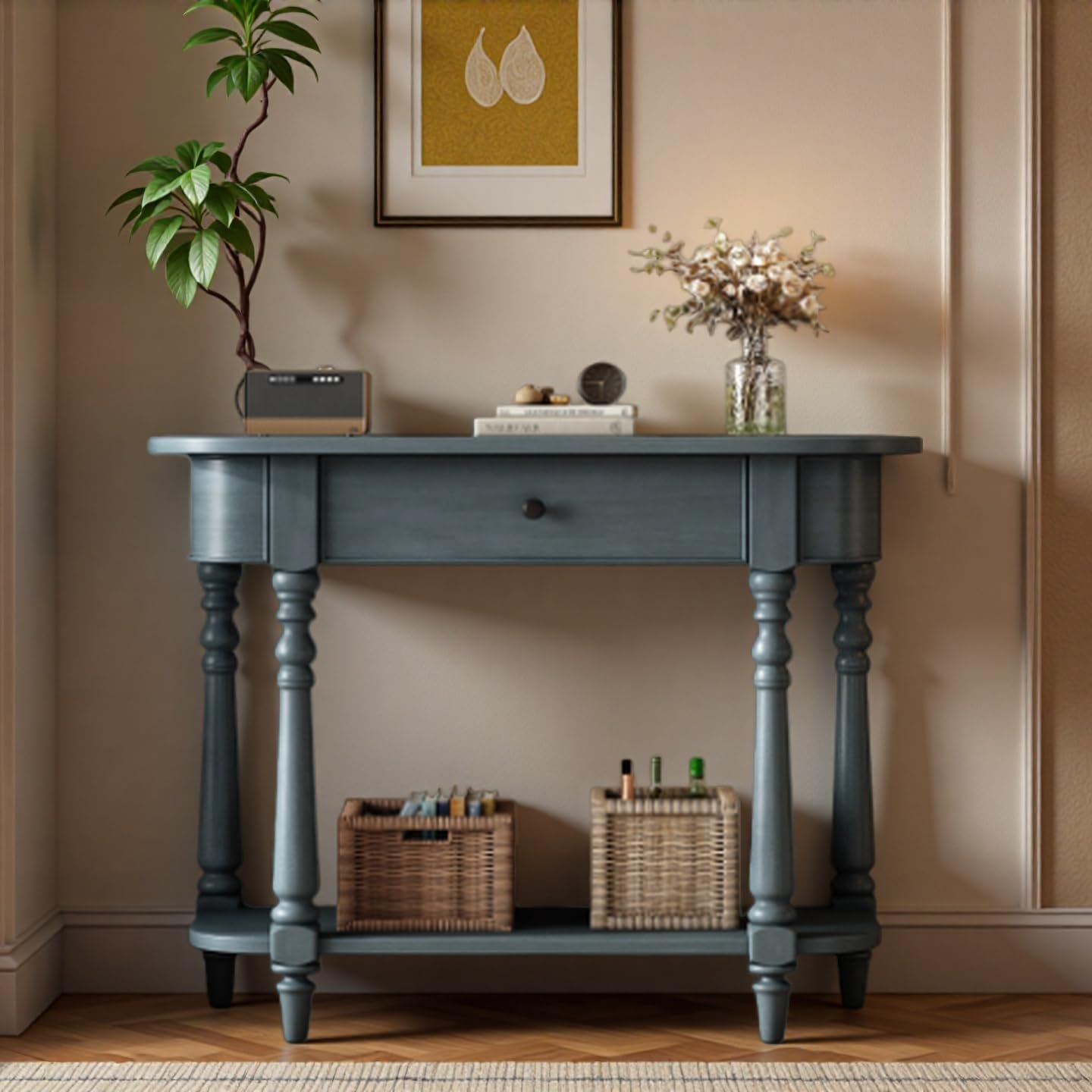 SOFTSEA Farmhouse Curved Console Table with Storage Drawer and Open Shelf, Rustic Curved Entryway Table for Living Room Hallway, 36 inch Conosle Table, Navy