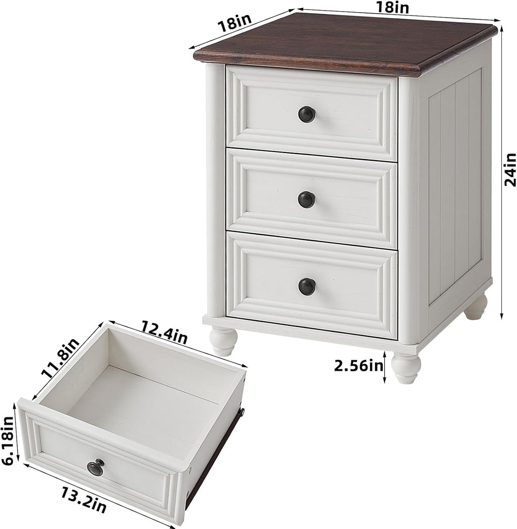RWYHG 18' Farmhouse Night Stand Set of 2, White Wood Nightstand with 3 Drawers, Bedside End Table with Storage and Roman Column, Bed Side Tables Cabinet for Bedroom, Living Room, and Closet