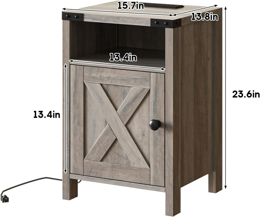 Fameill Farmhouse End Tables Set of 2, Nightstands with Charging Station, Bedside Tables with Barn Door and Open Compartment, Rustic Living Room Bedroom Side Table, Wash Grey