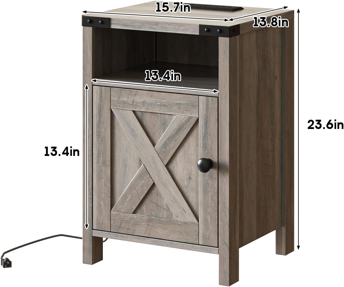 Fameill Farmhouse End Tables Set of 2, Nightstands with Charging Station, Bedside Tables with Barn Door and Open Compartment, Rustic Living Room Bedroom Side Table, Wash Grey