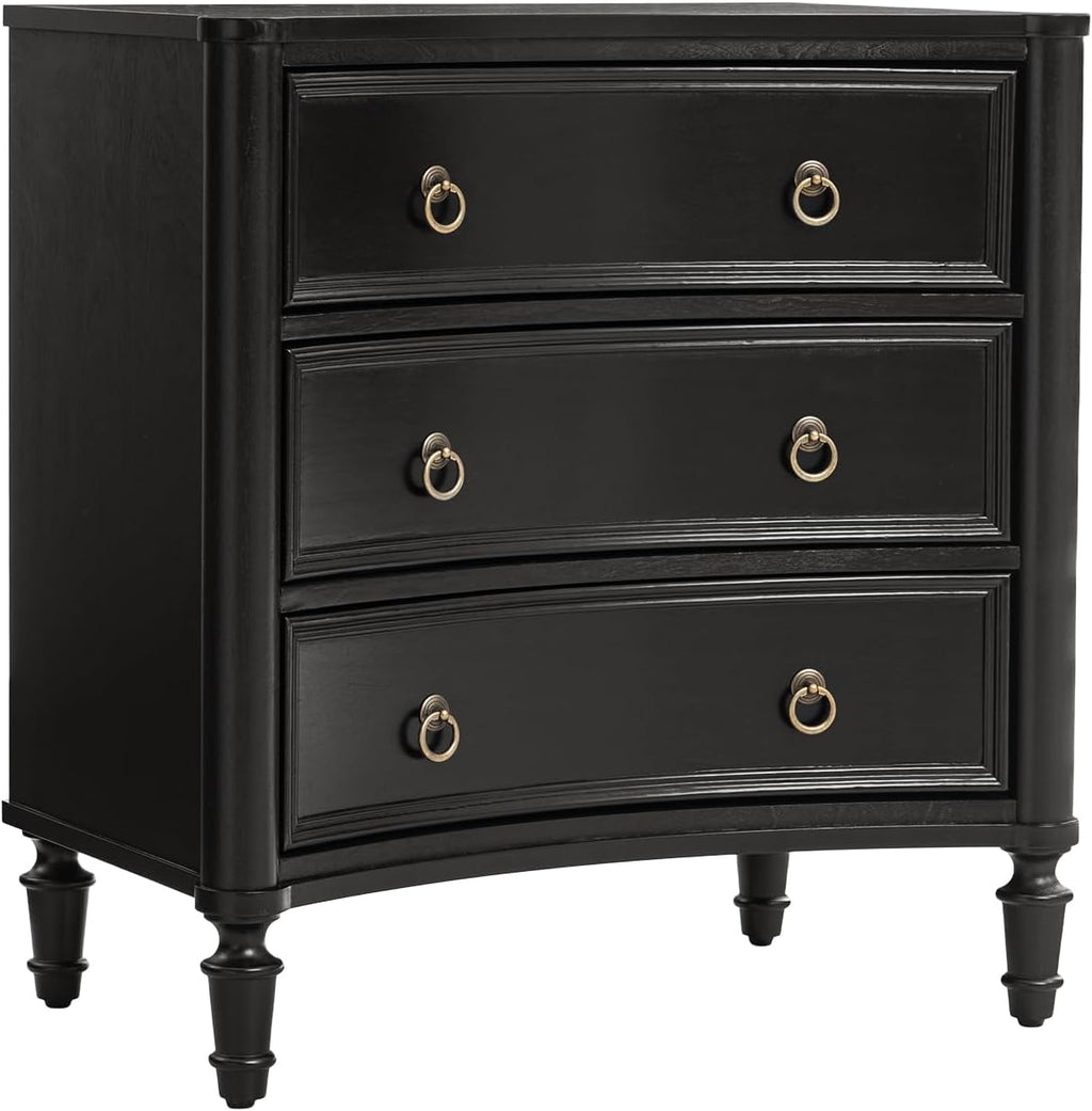HULALA HOME 3 Drawer End Table with Charging Station, 26' Wide Endtable with Solid Wood Legs and Curved Profile, Classic Side Table for Living Room, Black