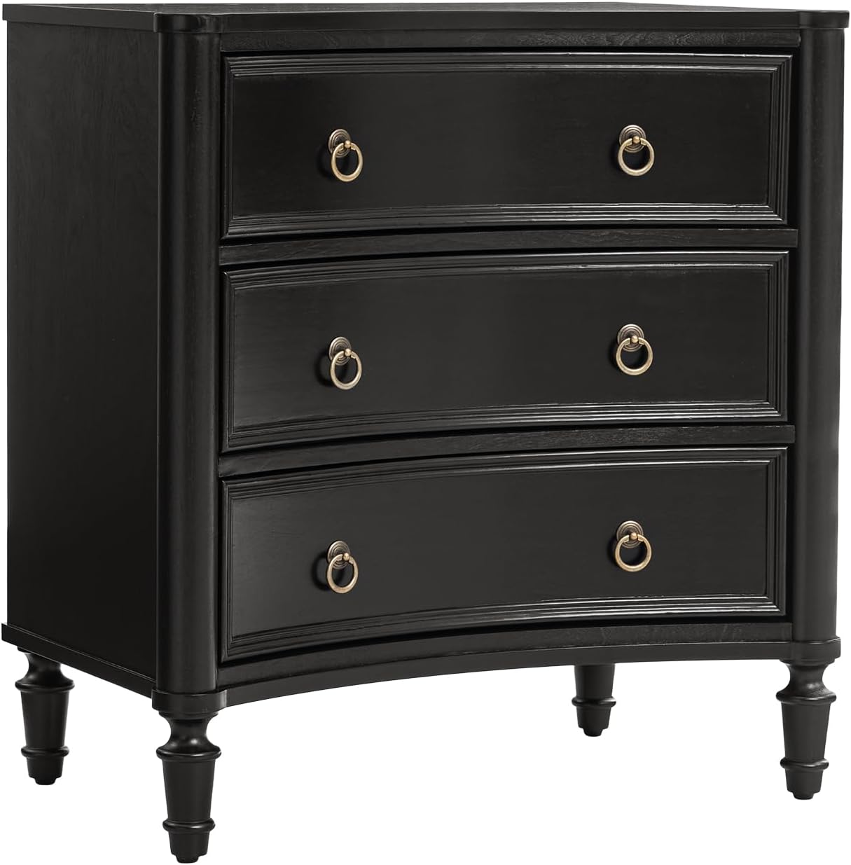 HULALA HOME 3 Drawer End Table with Charging Station, 26' Wide Endtable with Solid Wood Legs and Curved Profile, Classic Side Table for Living Room, Black