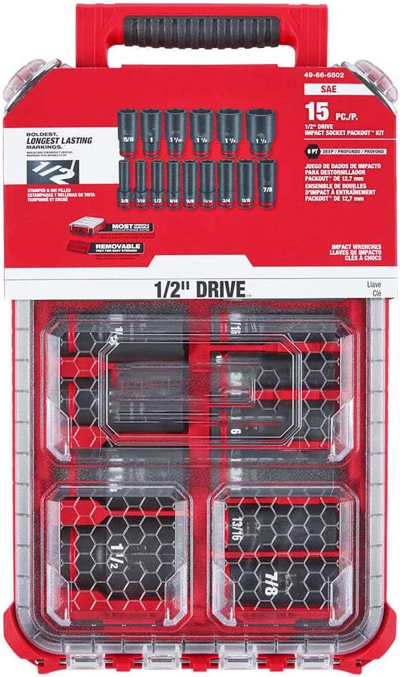 Socket Set For Milwaukee 49-66-6802 1/2' Impact Duty Socket SAE Packout Set (Size:15.2 x 9.8 x 4.6 in) - 15 PC, Red,black
