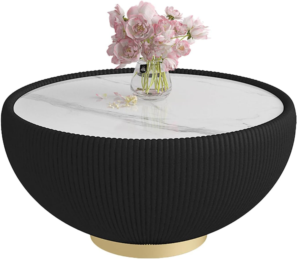 Modern Round Coffee Table Luxury Sintered Stone Top Coffee Table in Black Leatherette Creative Bowl-Shape Cocktail Center Table for Living Room Bedroom,Fully Assembled