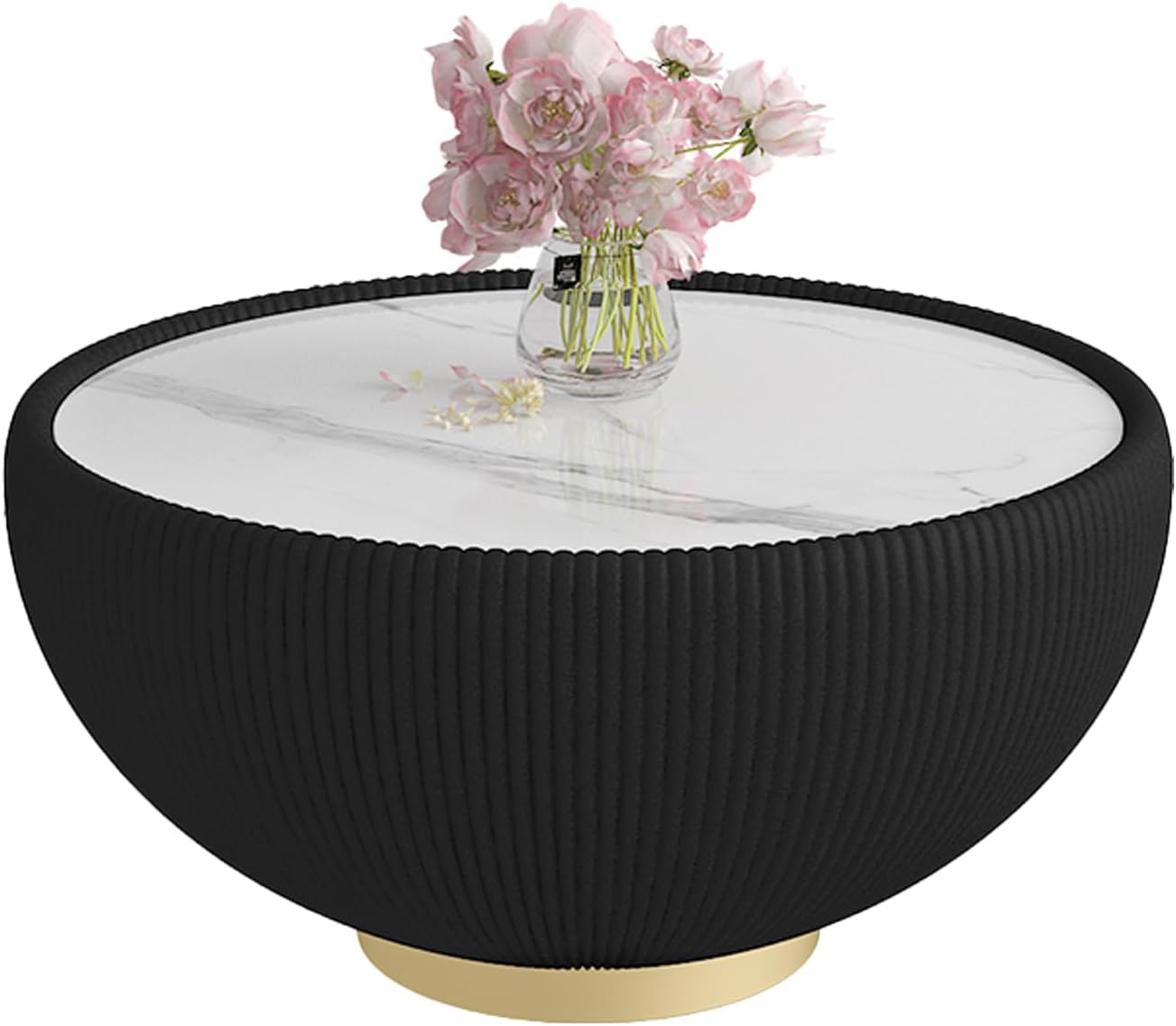 Modern Round Coffee Table Luxury Sintered Stone Top Coffee Table in Black Leatherette Creative Bowl-Shape Cocktail Center Table for Living Room Bedroom,Fully Assembled