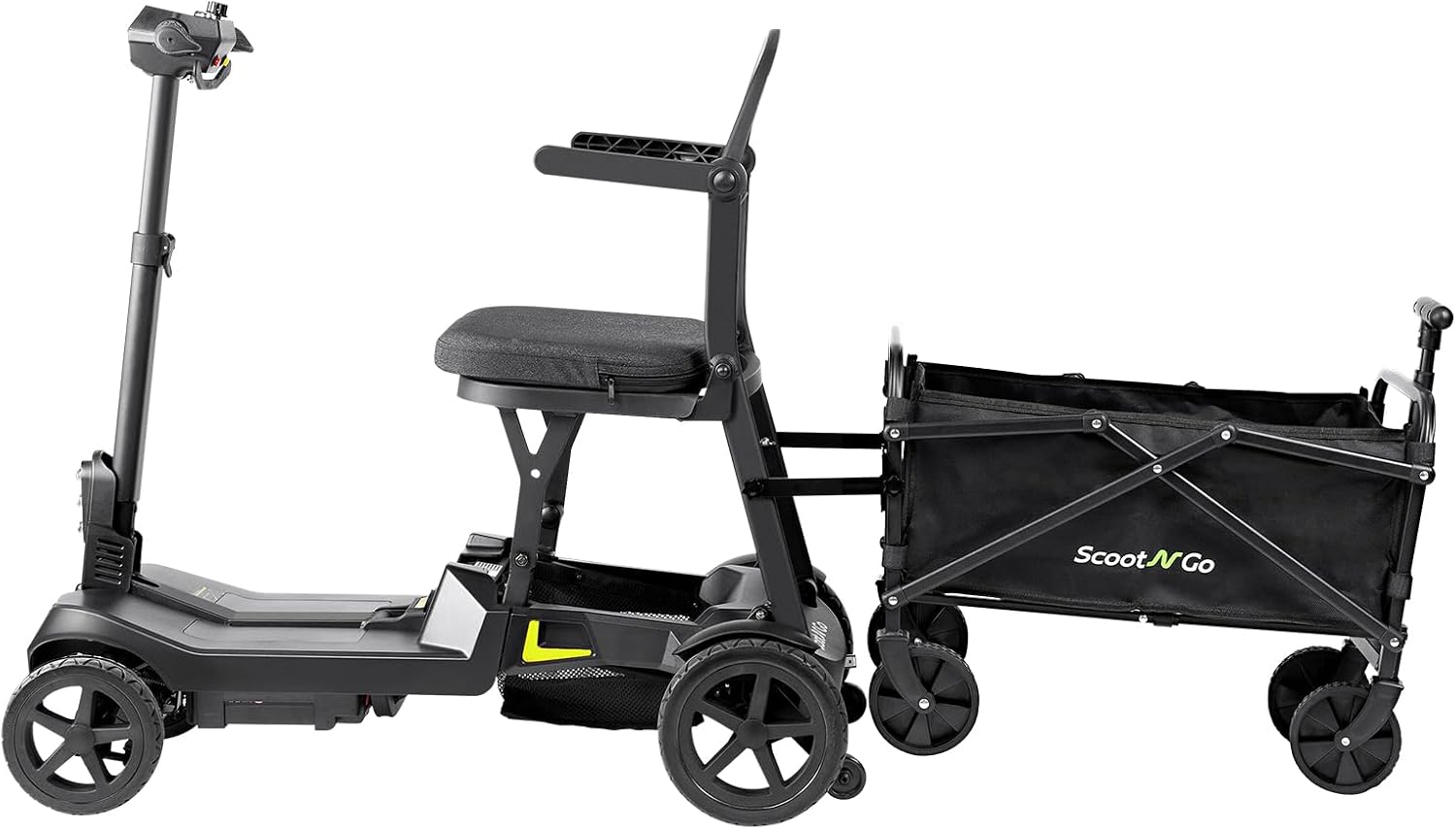SCOOTNGO Mobility Scooters for Seniors & Adults 4 Wheel Travel Mobility Scooter Airline Approved with Two Batteries, Lightweight, Foldable, No Assembly Needed (Black Yellow, Dual Batteries with Wagon)