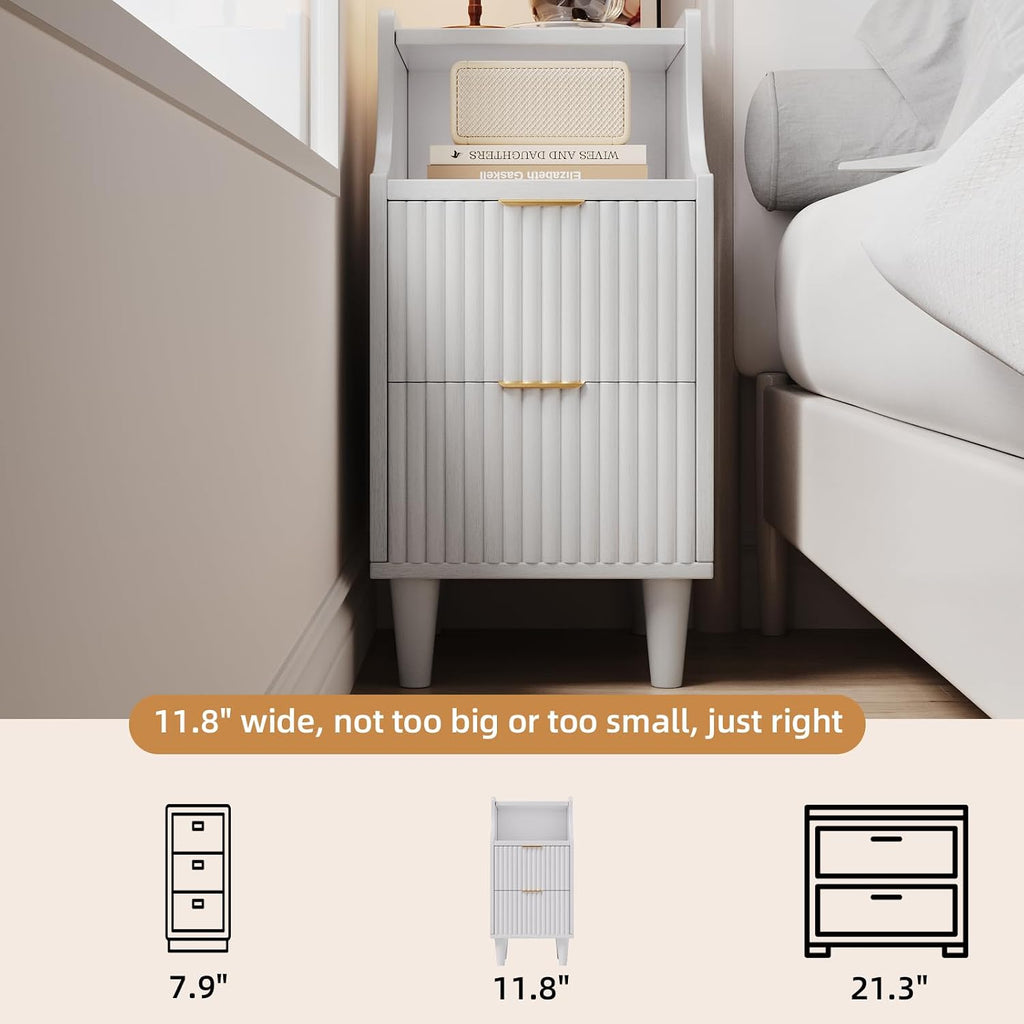 Narrow Nightstand Set of 2,11.8' Fluted Bedside Table Set of 2, Slim Side End Table with 2 Drawers, Wooden Bedside Table, White Wood Night Stand for Bedroom Livingroom Sofa Office