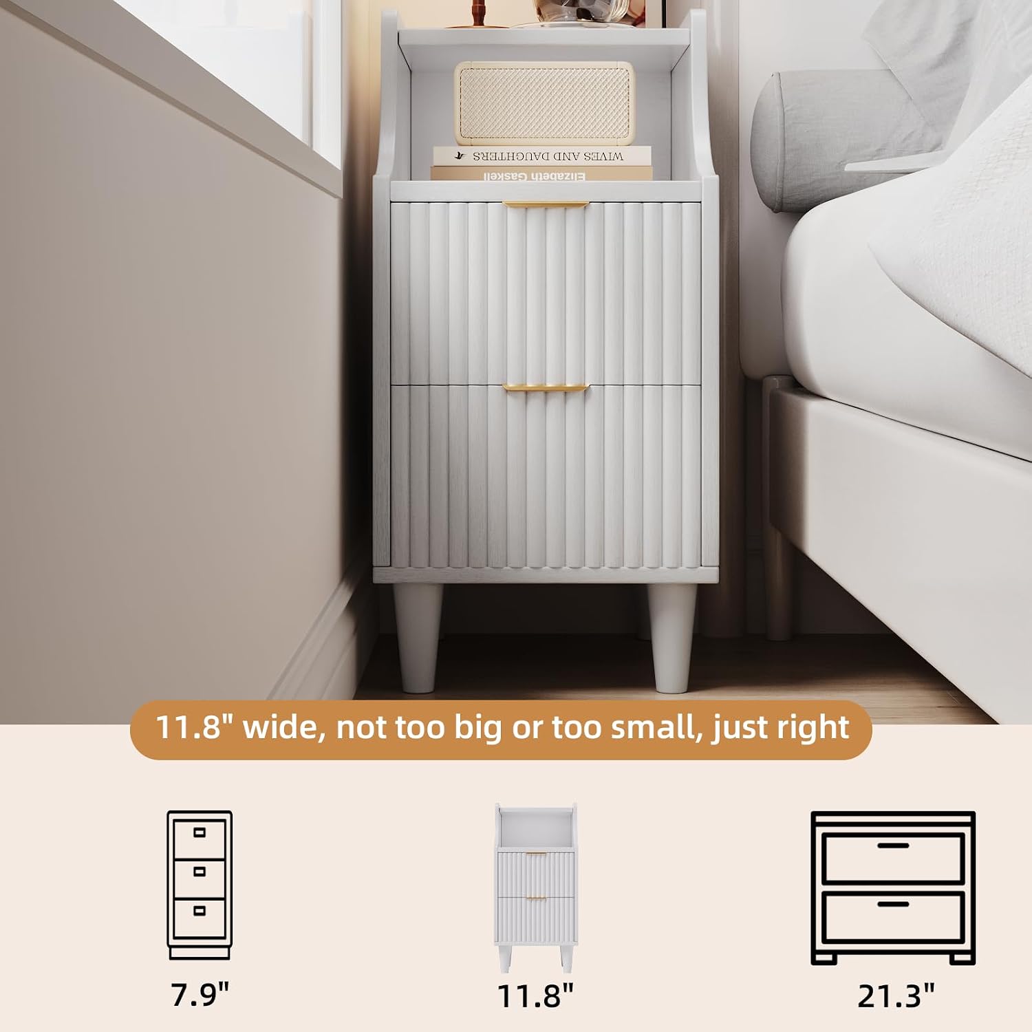 Narrow Nightstand Set of 2,11.8' Fluted Bedside Table Set of 2, Slim Side End Table with 2 Drawers, Wooden Bedside Table, White Wood Night Stand for Bedroom Livingroom Sofa Office