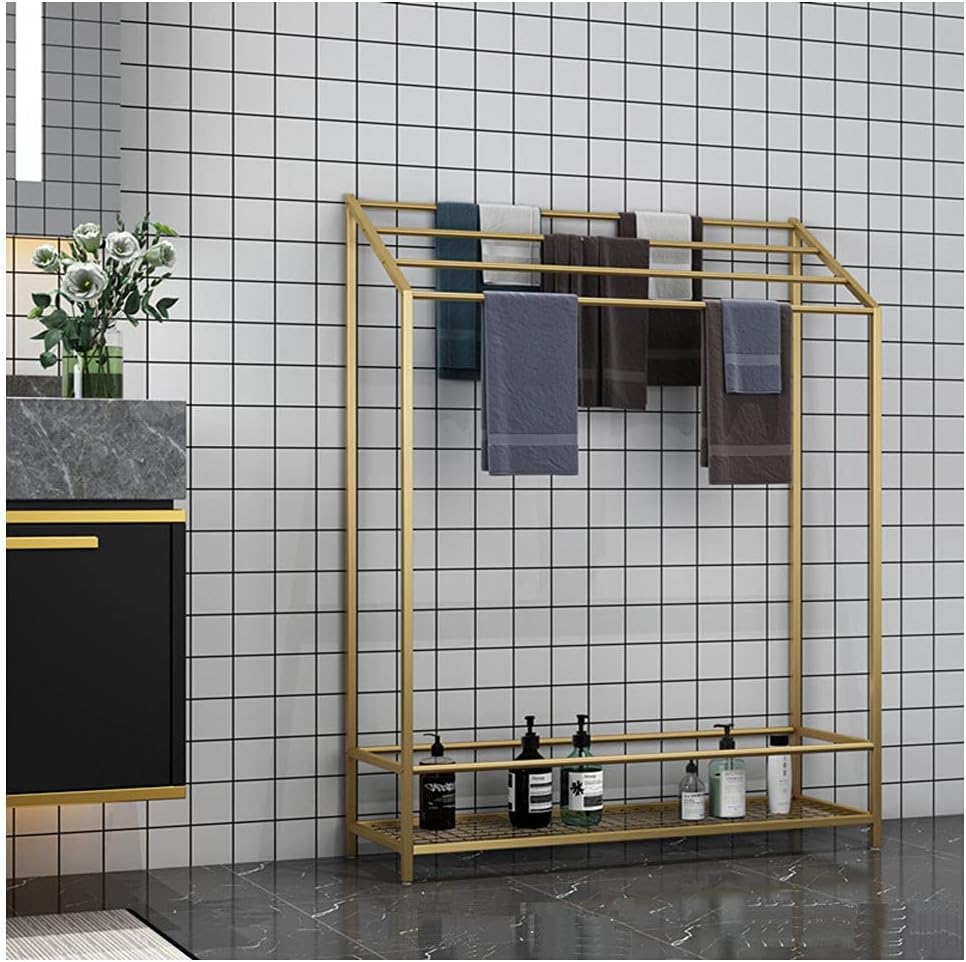 Exquisite Bathroom Shelves 4 Bar Freestanding Towel Rack, Bathroom Towel Holder with Shelf, Portable Metal Towel Hanger Stand Alone, Easy to Installation